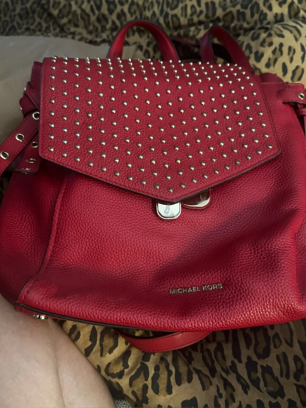 Michael Kors Red Studded Pebbled Leather Backpack